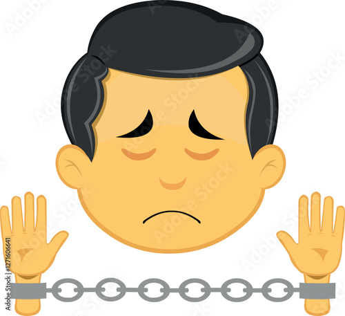 vector illustration yellow emoji character male, slave or prisoner handcuffed with chains 