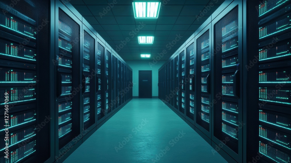 Fototapeta premium Futuristic Data Center Interior with Server Racks and Neon Lighting in a Technology Environment