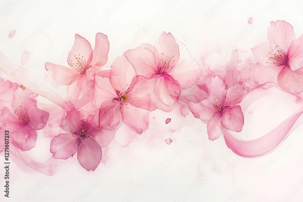ethereal pink cherry blossom ribbon flowing through misty air rendered in delicate watercolor washes with translucent petals and soft gradient edges ethereal pink cherry blossom ribbon flowing through misty air rendered in delicate watercolor washes with translucent petals and soft gradient edges
