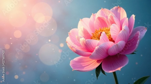 A Delicate Pink Blossom in Soft Light, Glowing with Gentle Radiance, a Symbol of Serenity and Tranquility, Flourishing in a Serene Atmosphere