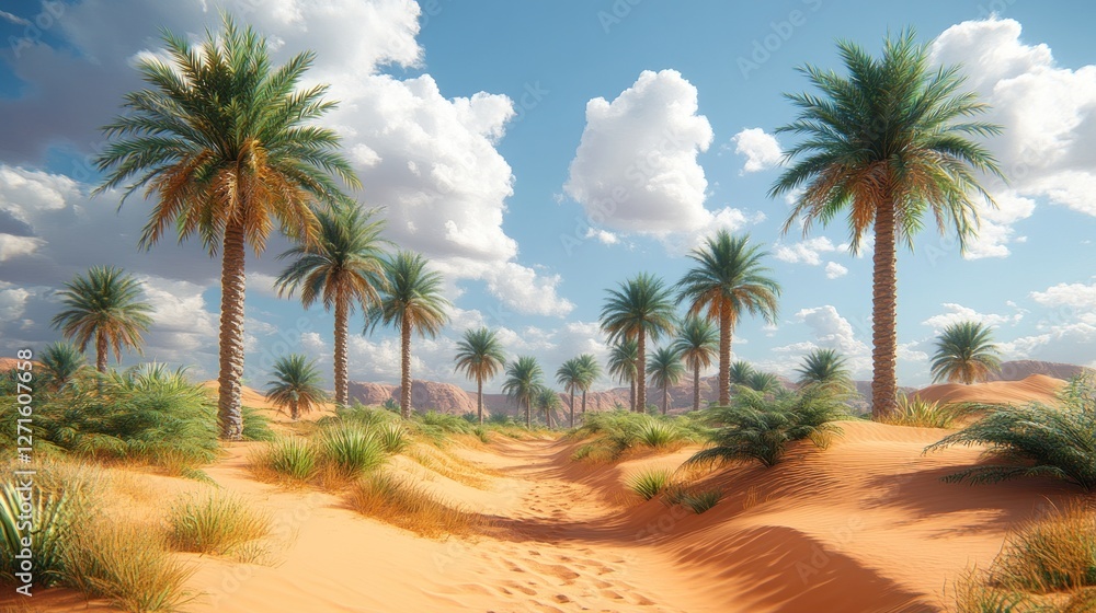 Oasis path, desert palms, sunny sky, travel brochure Oasis path, desert palms, sunny sky, travel brochure