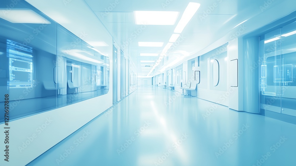 Obraz premium Tranquil Azure Hallway in a Modern Healthcare Environment