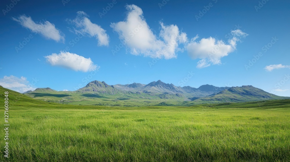 Vast Green Field and Mountain Range Under a Blue Sky Vast Green Field and Mountain Range Under a Blue Sky
