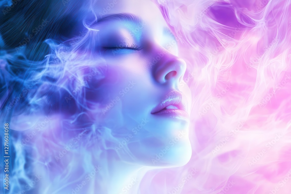 ethereal portrait of woman with translucent porcelain skin misty atmosphere swirling around her face subtle purple and blue aura suggesting psychic energy ethereal portrait of woman with translucent porcelain skin misty atmosphere swirling around her face subtle purple and blue aura suggesting psychic energy