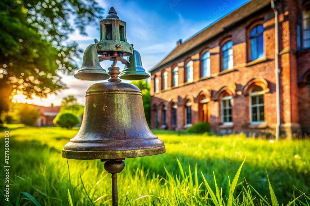 Obraz premium Antique School Bell in Sunny Courtyard - Nostalgia Stock Photo