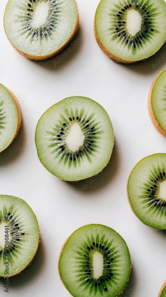 Fototapeta premium Kiwi slices are arranged on a white surface, showcasing their vivid green color and pattern