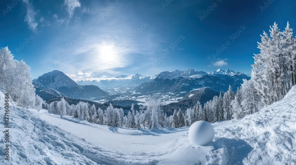 Panoramic view of snow-covered mountains, forest, and valley under a bright winter sun; a large snowball rests in the foreground. Panoramic view of snow-covered mountains, forest, and valley under a bright winter sun; a large snowball rests in the foreground.
