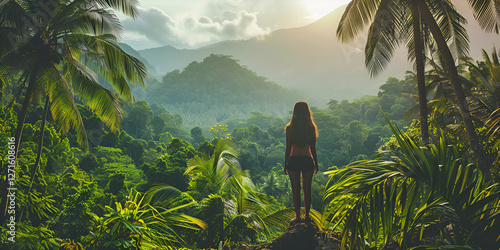 Woman standing on a scenic jungle mountain viewpoint, admiring the lush tropical landscape, symbolizing adventure, travel, and nature exploration