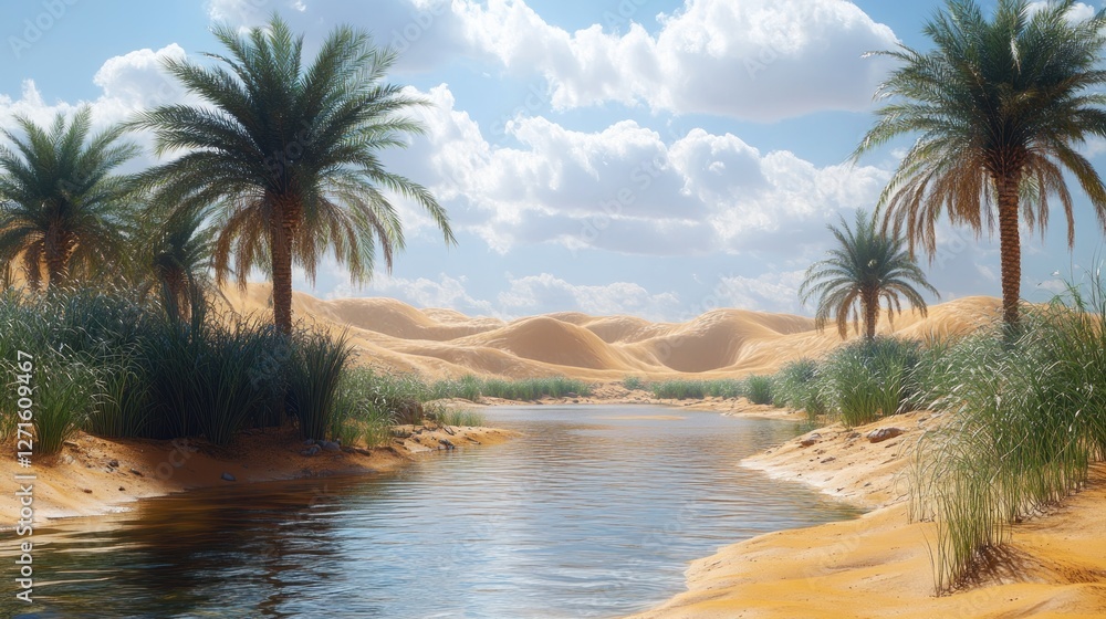 Obraz premium Oasis river, desert palms, dunes, sunlight, travel brochure