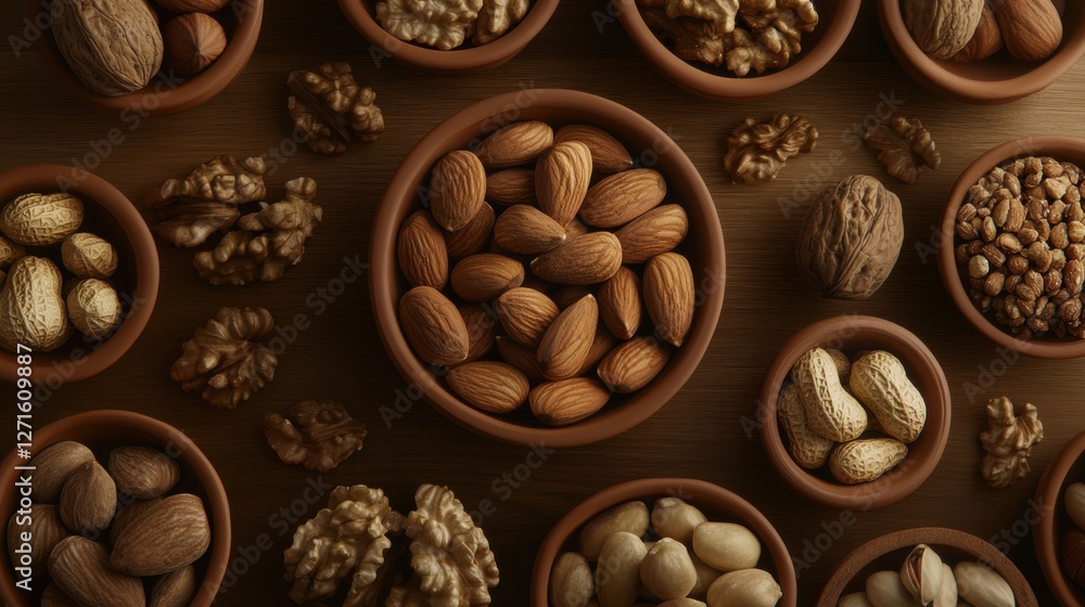 Top down view of rustic wooden board with brain boosting nuts. Walnuts, almonds, pistachios, hazelnuts, artfully arranged in small clay bowls Top down view of rustic wooden board with brain boosting nuts. Walnuts, almonds, pistachios, hazelnuts, artfully arranged in small clay bowls
