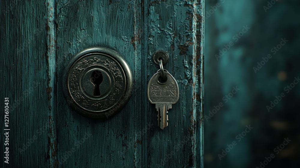 Fototapeta premium Antique lock and key on weathered teal door