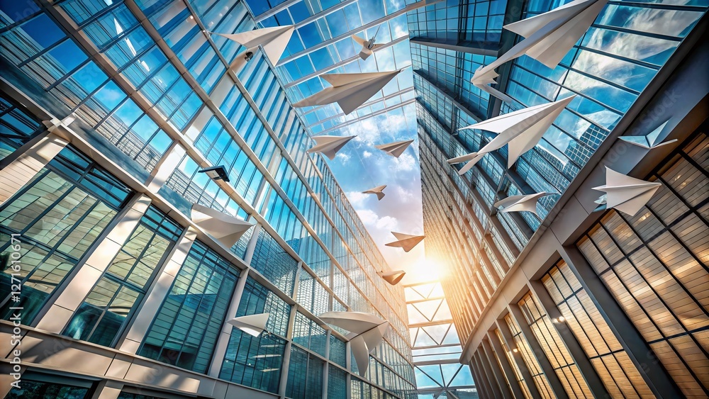 Architectural Photography: Paper Airplanes Soaring Through Modern Building Atrium Architectural Photography: Paper Airplanes Soaring Through Modern Building Atrium