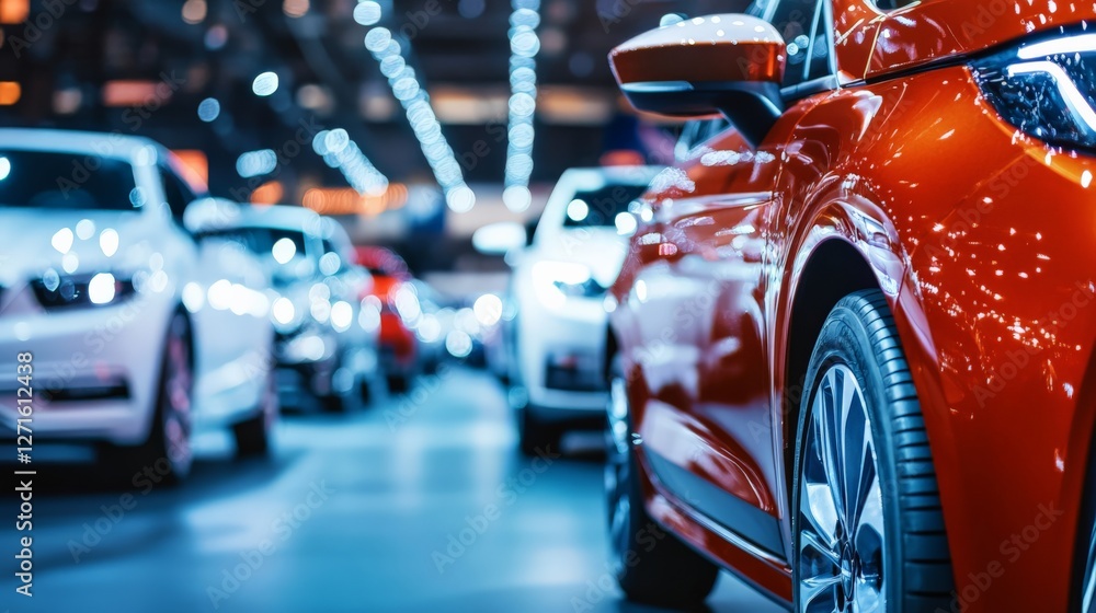 Obraz premium Automotive industry fair featuring electric vehicle showcases, self-driving car technology, and innovative transportation exhibits, the future of mobility.