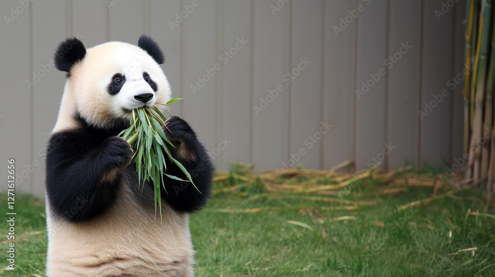 Fototapeta premium A giant panda calmly eating bamboo in a serene forest setting, symbolizing the importance of habitat protection and wildlife conservation.