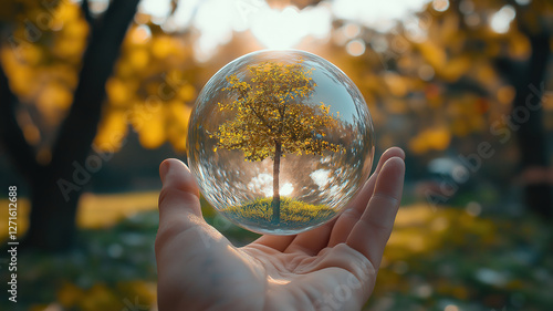 Glass globe with a growing tree in hand against a blurred green nature background eco concept