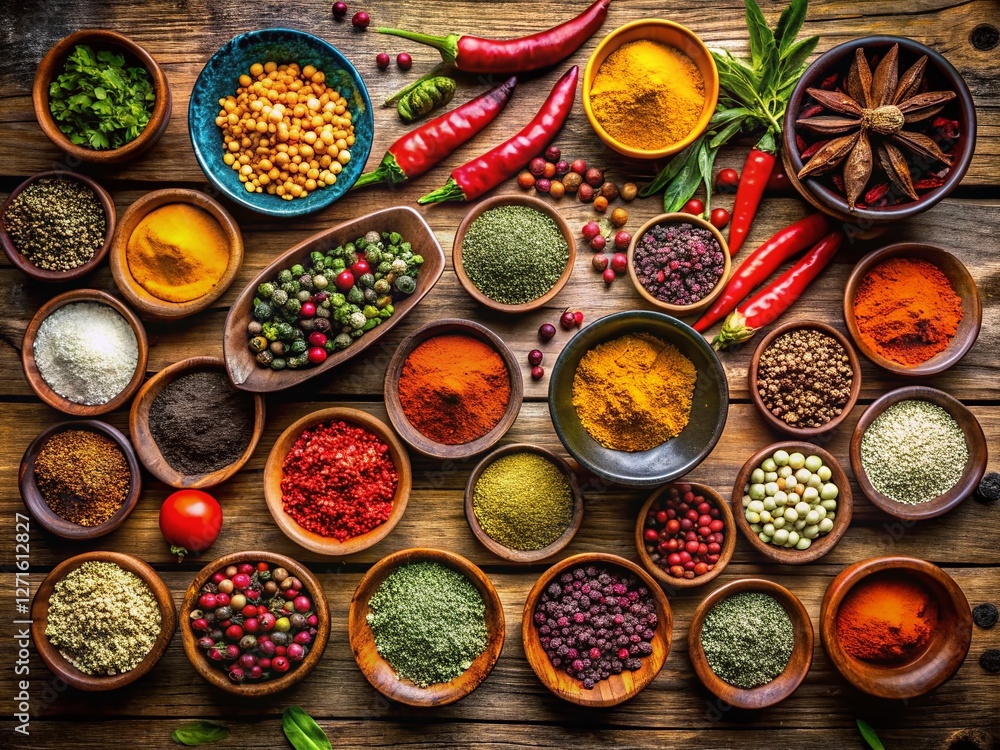 Aromatic Spices: Colorful Bowls & Plates on Rustic Wood - Top View Bokeh Aromatic Spices: Colorful Bowls & Plates on Rustic Wood - Top View Bokeh