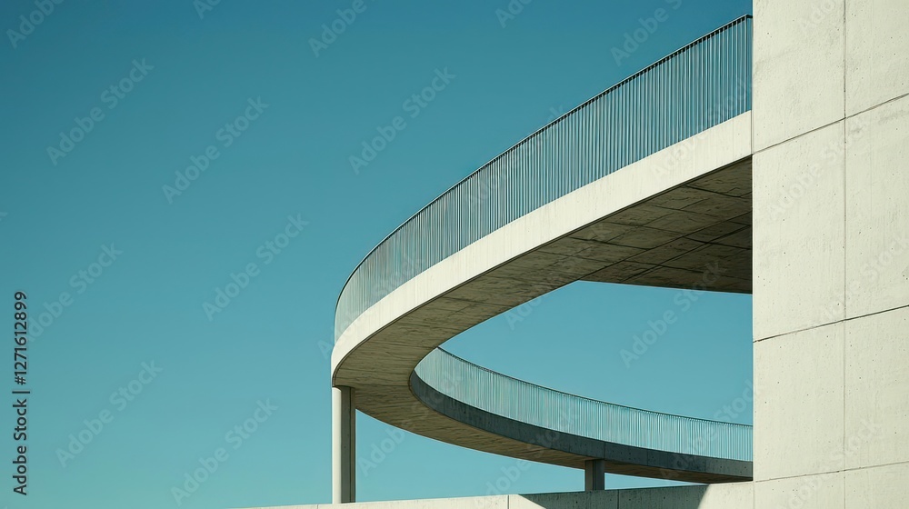 Fototapeta premium Curved Concrete Balcony with Glass Railings Against a Clear Blue Sky