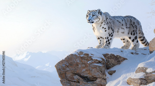 A rare and exlusive snow leopard standing on a rocky cliff in a snowy mountain landscape, embodying the importance of preserving fragile ecosystems.