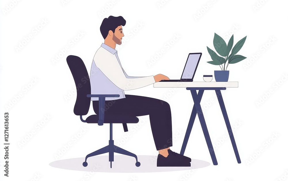 Young man working on laptop at a modern desk with a plant in a bright office environment Young man working on laptop at a modern desk with a plant in a bright office environment