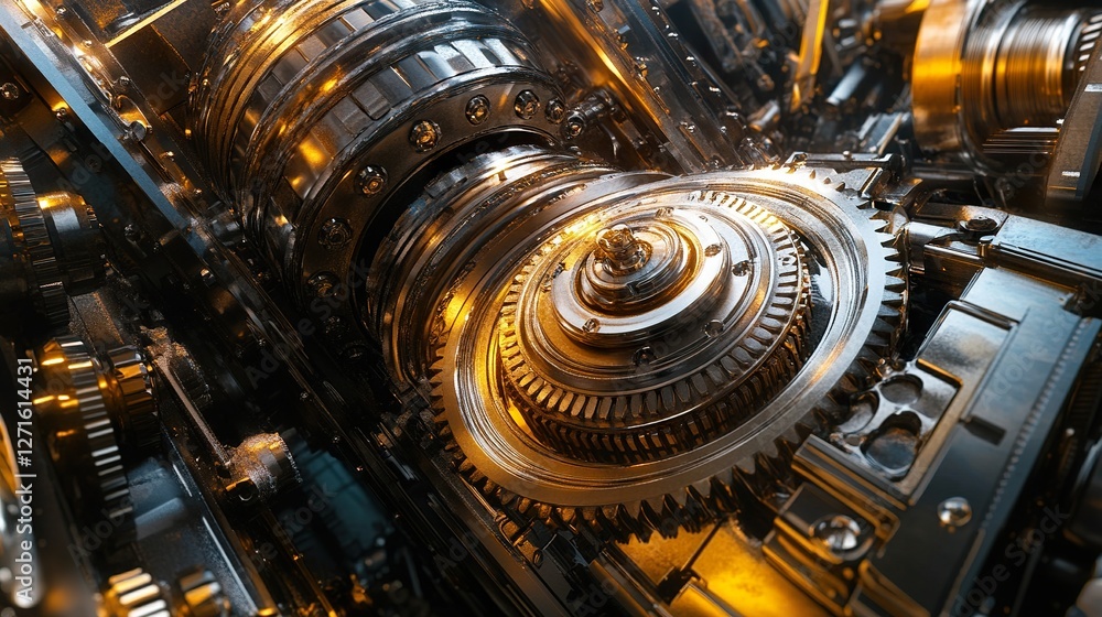 Close-up intricate metallic gears, industrial machinery, factory background; engineering, technology Close-up intricate metallic gears, industrial machinery, factory background; engineering, technology