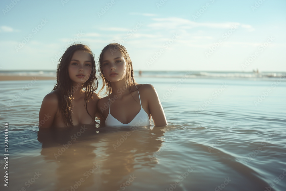 Two women in bikinis in the beach. Two women in bikinis in the beach.