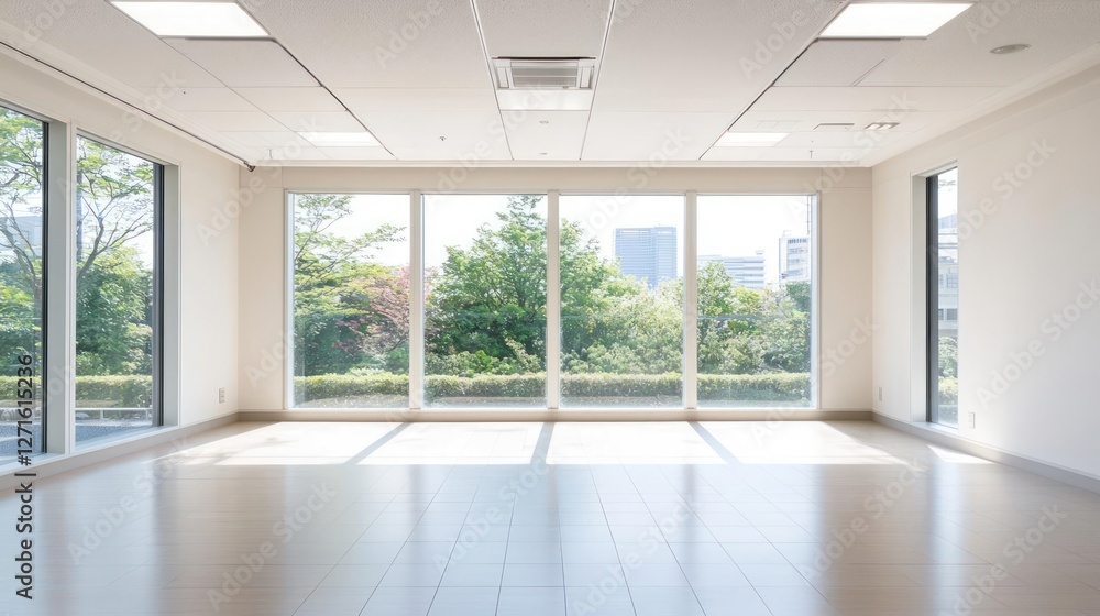 Obraz premium Bright Empty Modern Office with Large Windows and City View