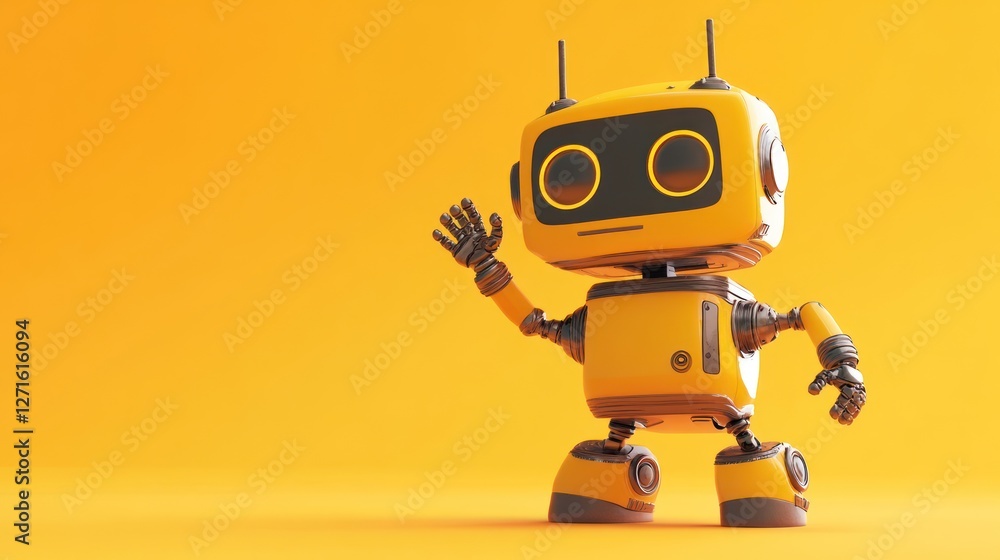 Friendly yellow robot waving against orange background. Friendly yellow robot waving against orange background.