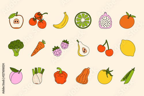Fruits and vegetables. Cartoon fruit vegetable icons, organic food with different berries, veggies, fruits and greens, cute comic colorful flat elements. Vector isolated set