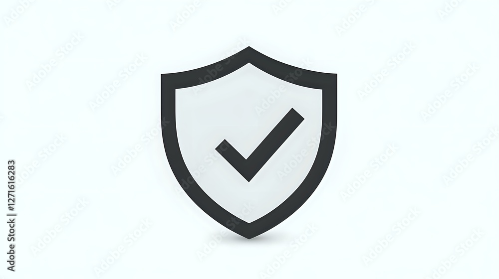 Black shield with checkmark on white background, security and protection symbol for websites, apps and presentations. Isolated design element.