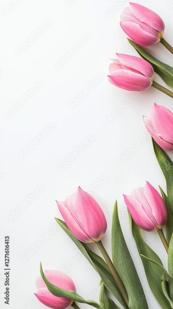 Obraz premium White frame background, pink tulip flowers in the corner