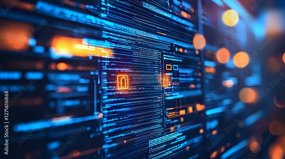 Naklejka premium Digital technology abstract background with glowing lines and code elements in blue and orange colors creating futuristic data visualization pattern.