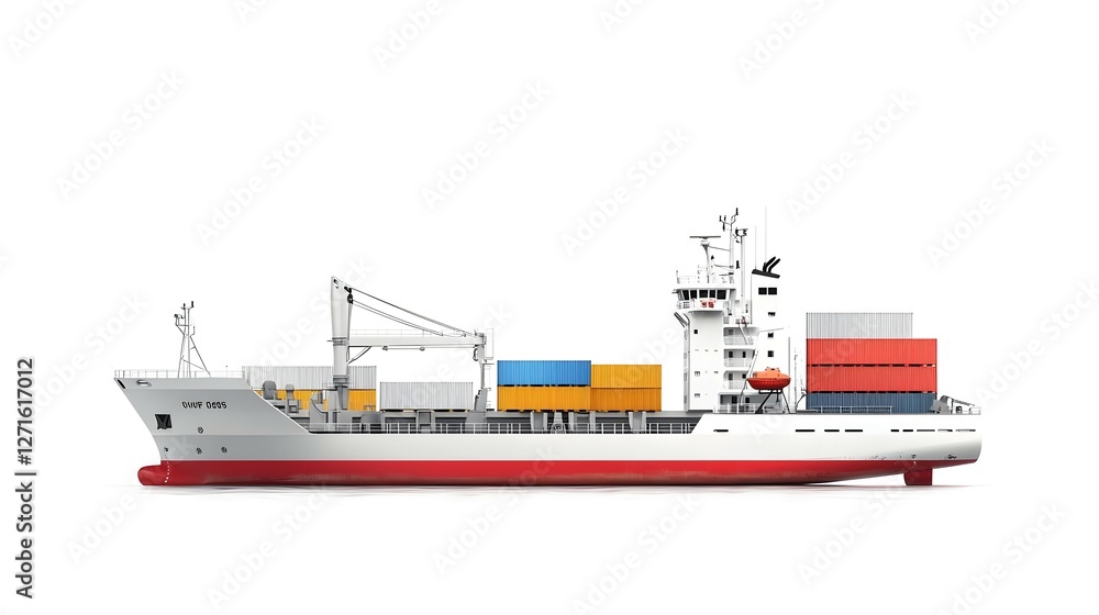 Naklejka premium White and Red Cargo Ship with Colorful Containers on a White Background