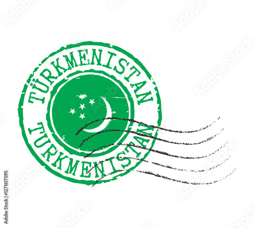 A postal rubber stamp TURKMENISTAN with the state symbol in the middle. Turkmen and English inscription. Retro seal for letter envelopes, greeting cards, passport, parcels.