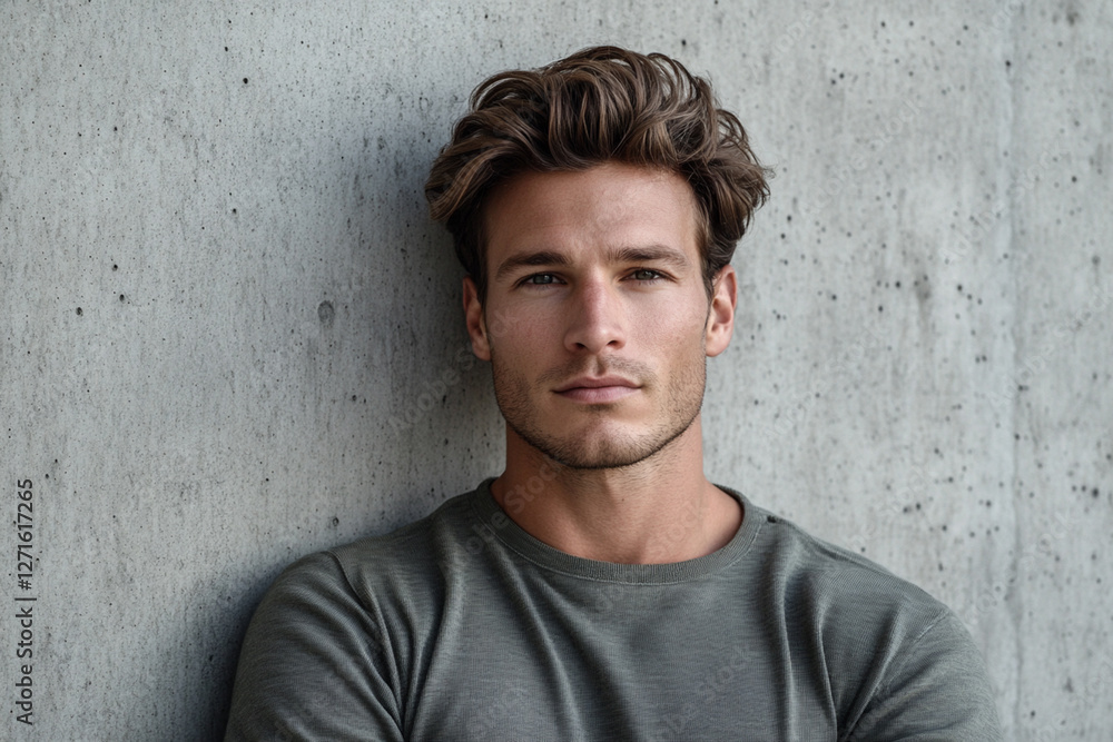A man in a modern casual look poses against a concrete wall background A man in a modern casual look poses against a concrete wall background