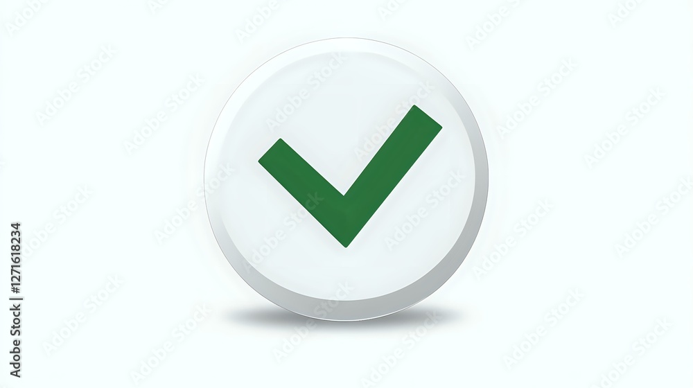 Green checkmark on white circular button with soft shadow, isolated on white background for interface design, apps and web graphics. Green checkmark on white circular button with soft shadow, isolated on white background for interface design, apps and web graphics.