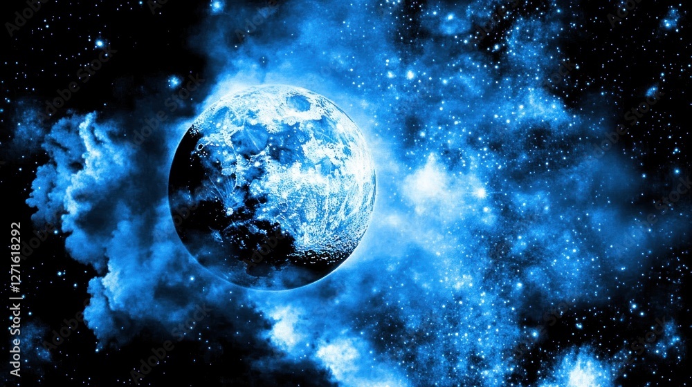 Obraz premium Celestial Enigma: A Blue Planet's Cosmic Dance