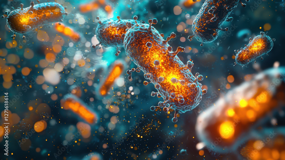 Conceptual illustration of bacteria evading the immune system with glowing molecular camouflage in extreme magnification Conceptual illustration of bacteria evading the immune system with glowing molecular camouflage in extreme magnification