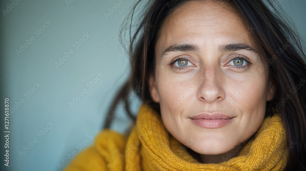Portrait intime d'une femme aux yeux bleu-vert portant un pullover jaune Portrait intime d'une femme aux yeux bleu-vert portant un pullover jaune