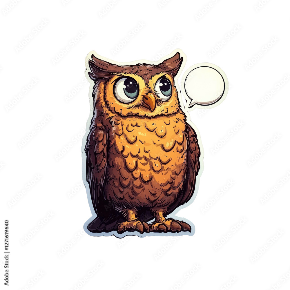 Obraz premium Cute Cartoon Owl with Speech Bubble, Thinking Owl Illustration