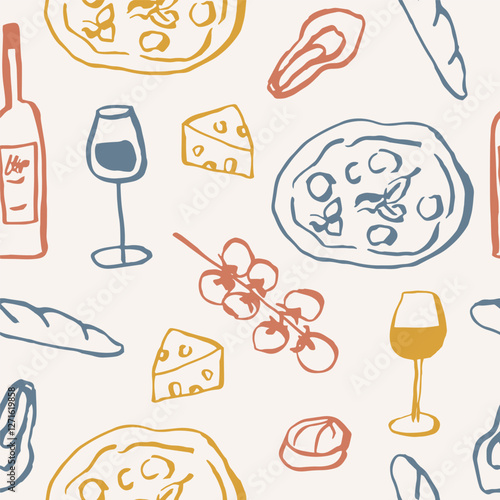Hand drawn sketch wine and food background