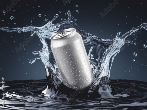A close-up of a silver aluminum can surrounded by a dynamic water splash.