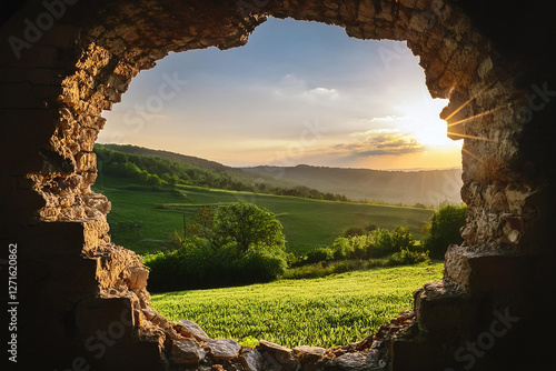 Wallpaper Mural Hope and freedom concept, Brick wall with hole revealing lush greenery, natural light. Royalty high-quality free best stock of broken brick wall revealing a serene landscape with mountains, trees Torontodigital.ca