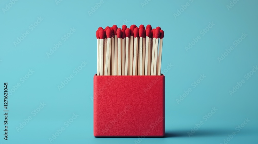 Red box of matches with striking tips on a light blue background, perfect for fire safety and home decor themes Red box of matches with striking tips on a light blue background, perfect for fire safety and home decor themes