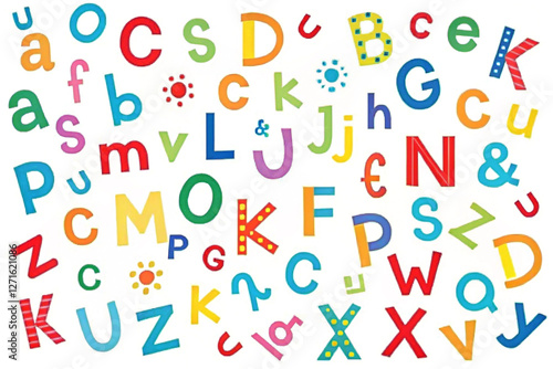 Colorful alphabet letters, various fonts and sizes, on white background, with decorative elements