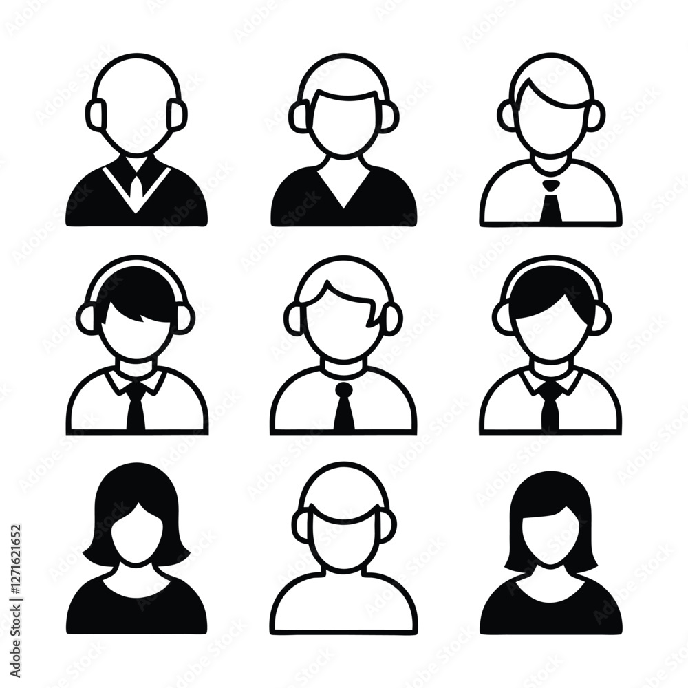call center male and female model icon silhouette design set on a white background call center male and female model icon silhouette design set on a white background