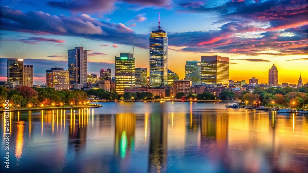 Naklejka premium Back Bay Boston Dusk Panorama - Cambridge Charles River View