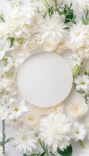 Top down view of an empty podium surrounded by white funeral flowers in a serene setting.