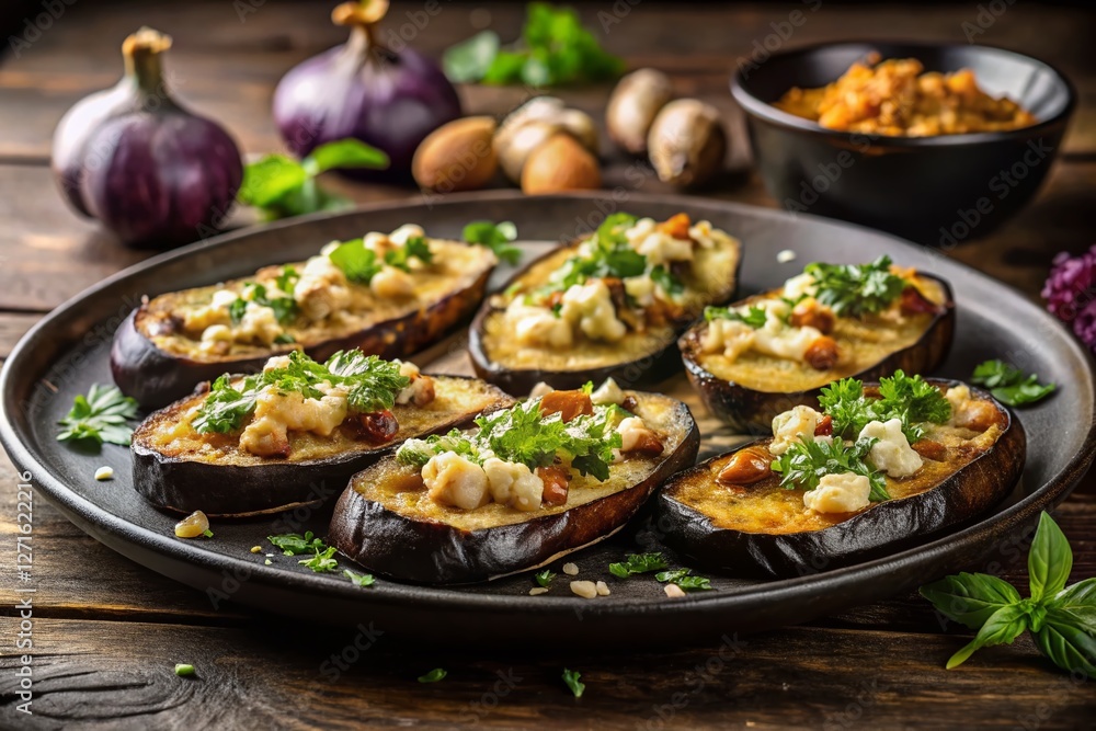 Baked Eggplant Appetizer with Garlic, Cheese & Walnuts on Black Plate - Healthy Homemade Recipe Baked Eggplant Appetizer with Garlic, Cheese & Walnuts on Black Plate - Healthy Homemade Recipe