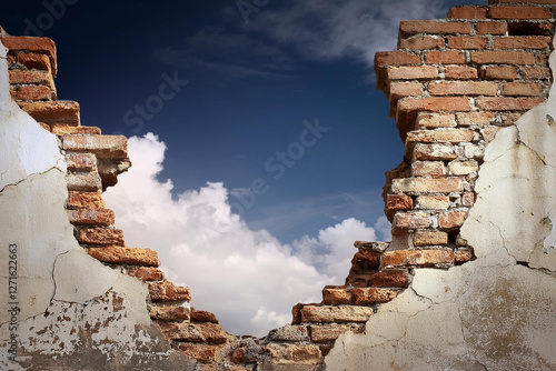 Wallpaper Mural Hope and freedom concept, Brick wall with hole revealing lush greenery, natural light. Royalty high-quality free best stock of broken brick wall revealing a serene landscape with mountains, trees Torontodigital.ca