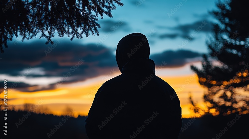 Silhouette of a person against a sunset sky with vibrant colors and trees, perfect for nature, travel, and adventure themes in stock photography. Silhouette of a person against a sunset sky with vibrant colors and trees, perfect for nature, travel, and adventure themes in stock photography.